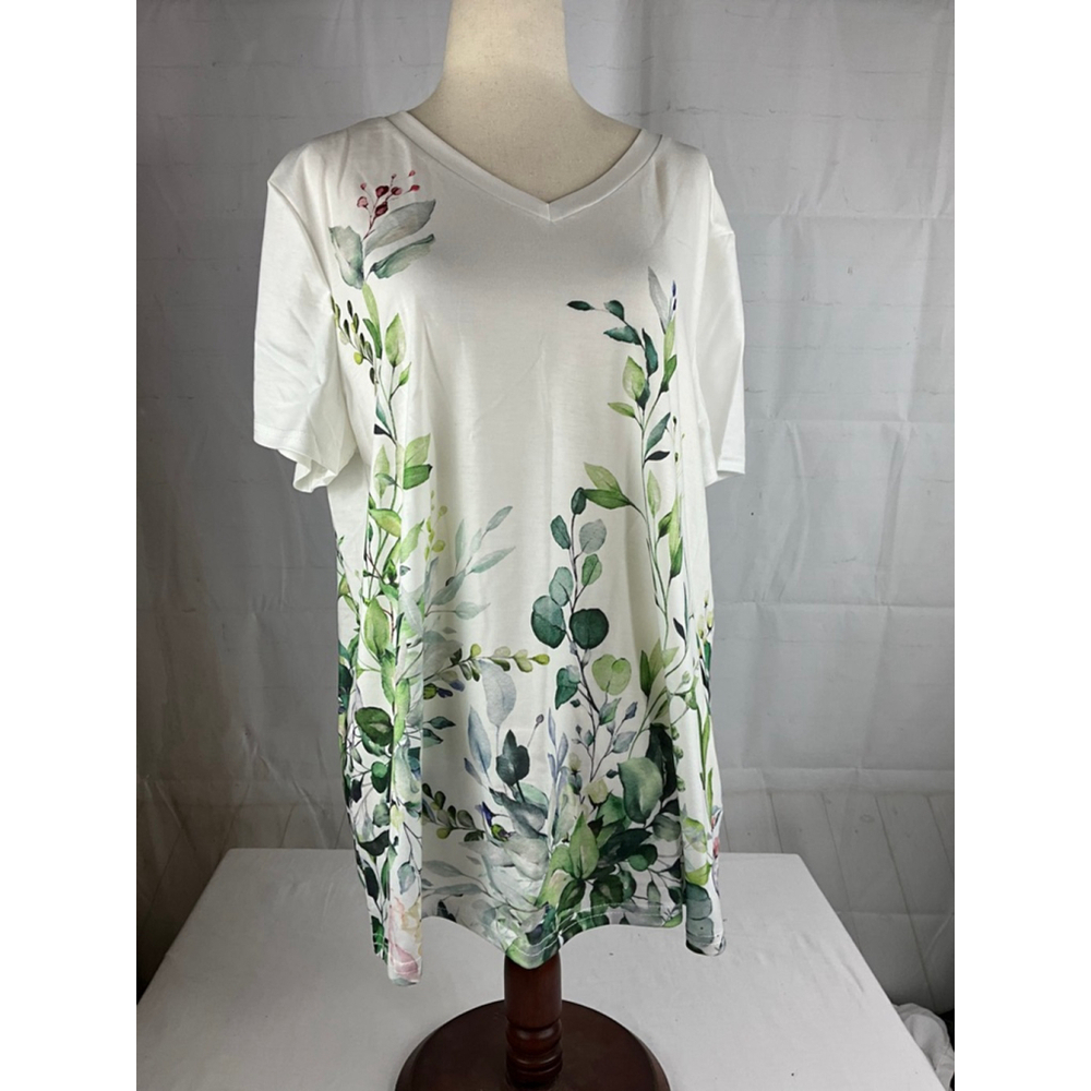 Women's Floral Print T-Shirt White/Green Size XL